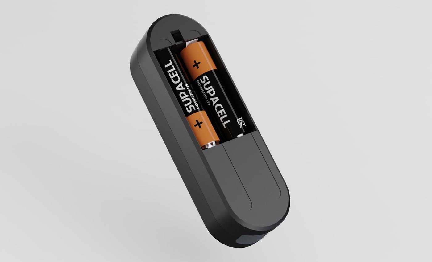 energieleser.node with the battery compartment open, showing two AA batteries
