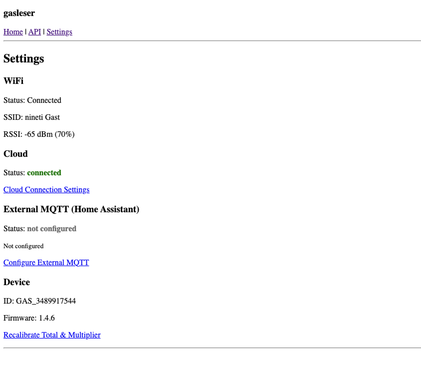 Gasleser Settings page