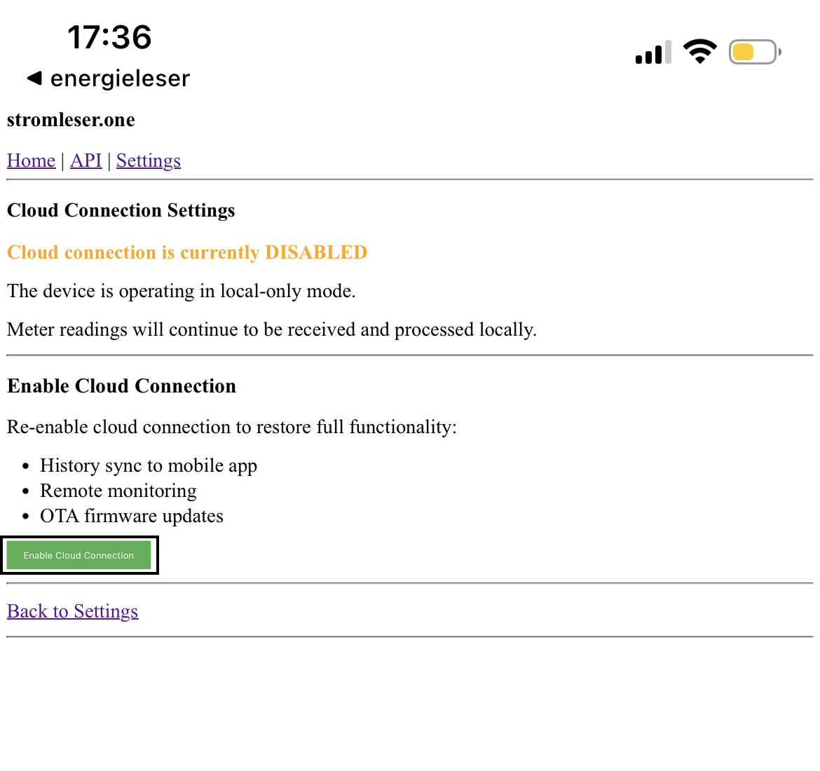 Cloud Connection Settings – Status: DISABLED