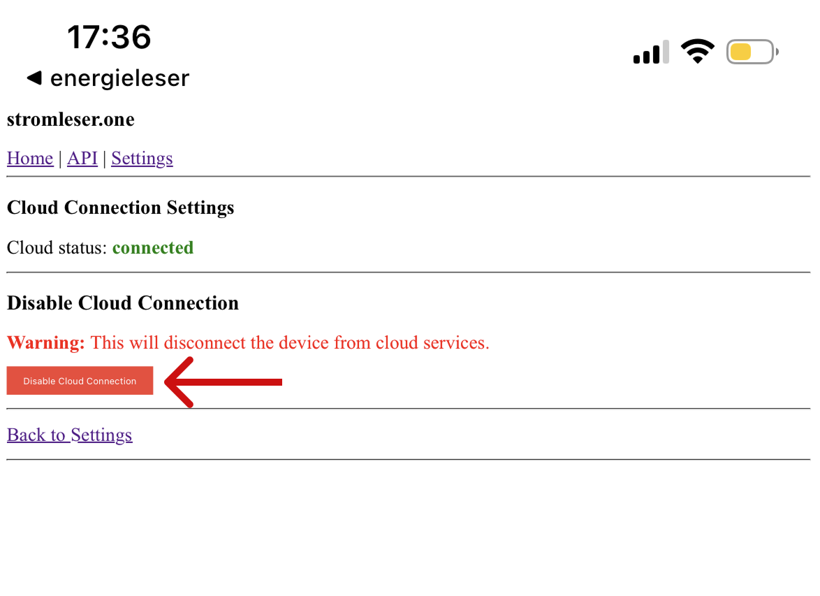 Cloud Connection Settings – Status: connected